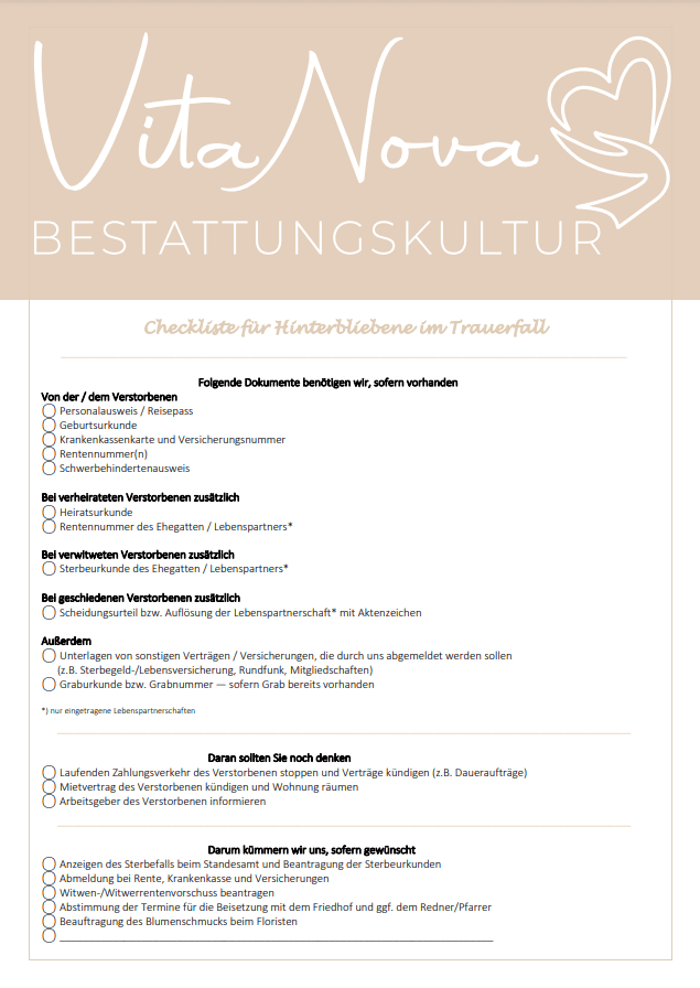 Screenshot der Vitanova Checkliste für Hinterbliebene